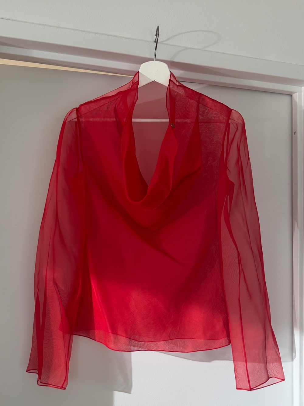 Sheer Red Draped Neck Blouse